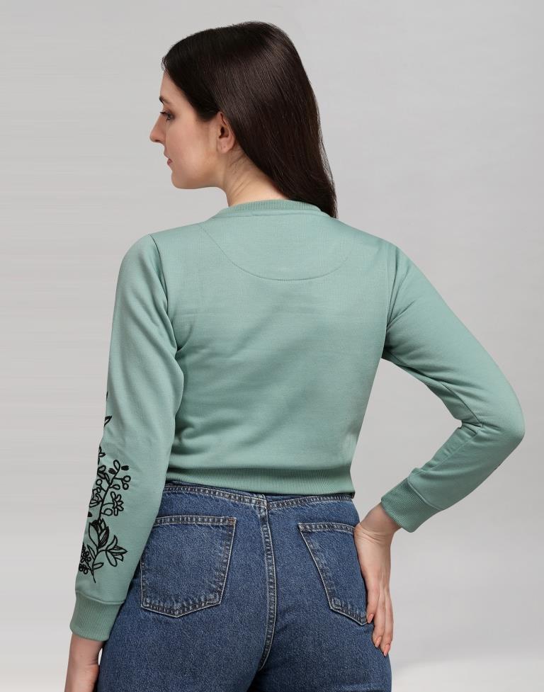 Dusty Green Coloured Cotton Fleece Blend Embroidered Sweatshirt | Leemboodi
