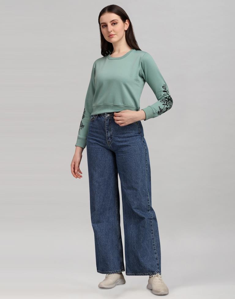 Dusty Green Coloured Cotton Fleece Blend Embroidered Sweatshirt | Leemboodi