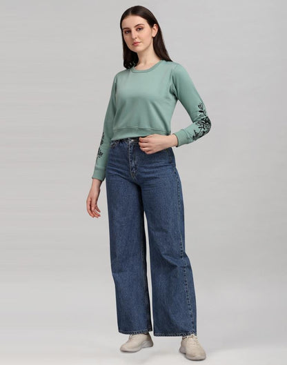 Dusty Green Coloured Cotton Fleece Blend Embroidered Sweatshirt | Leemboodi