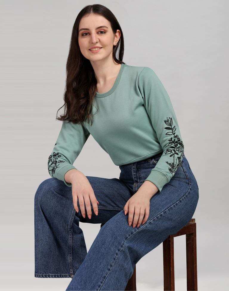 Dusty Green Coloured Cotton Fleece Blend Embroidered Sweatshirt | Leemboodi