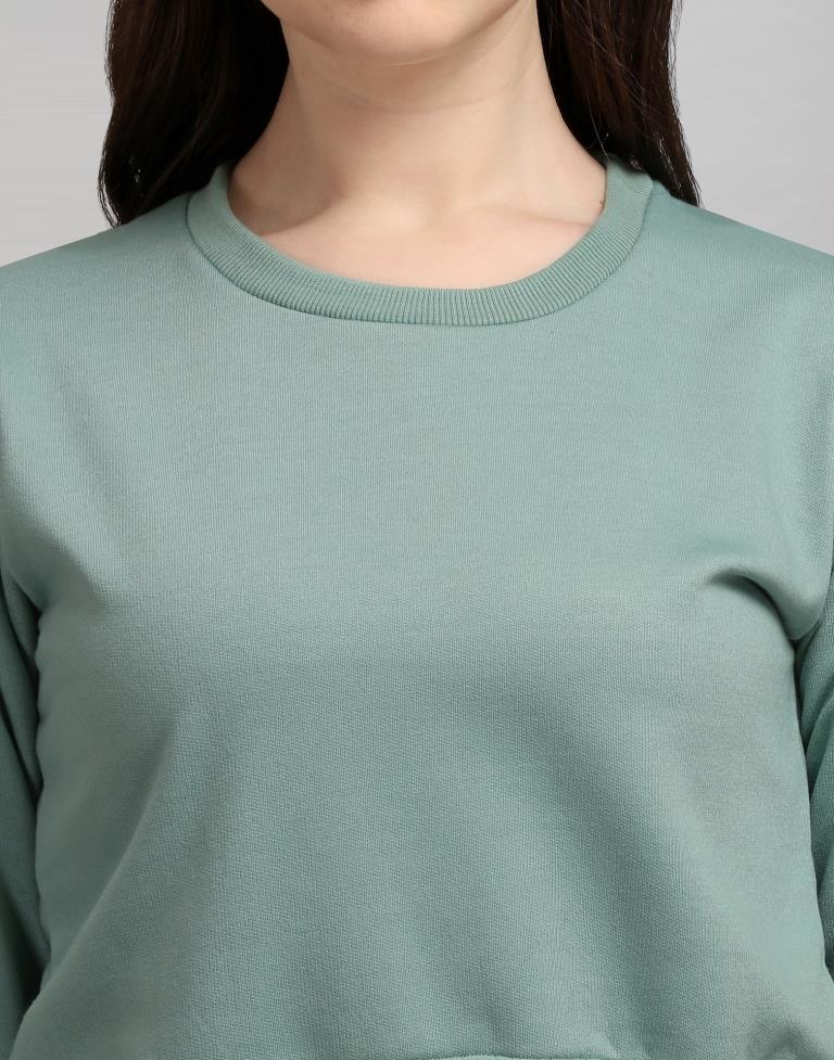 Dusty Green Coloured Cotton Fleece Blend Embroidered Sweatshirt | Leemboodi