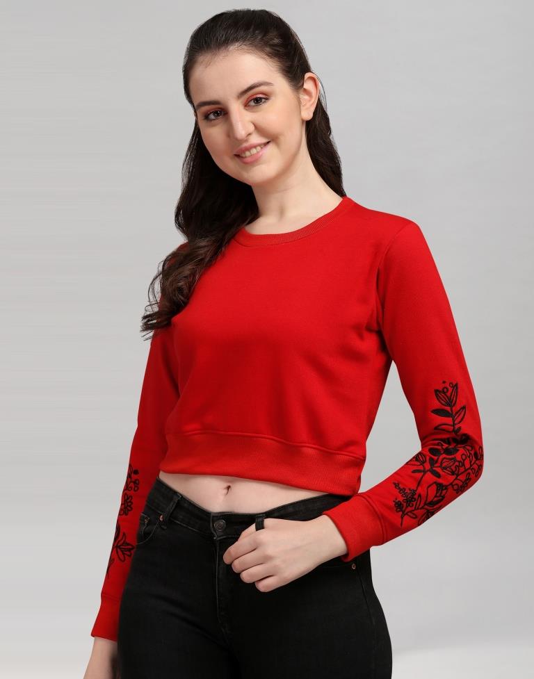 Red Coloured Cotton Fleece Blend Embroidered Sweatshirt | Sudathi