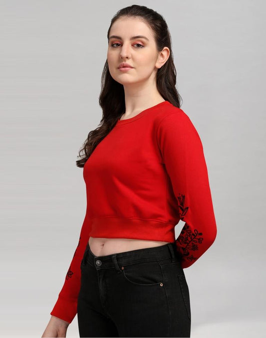 Red Coloured Cotton Fleece Blend Embroidered Sweatshirt | Sudathi