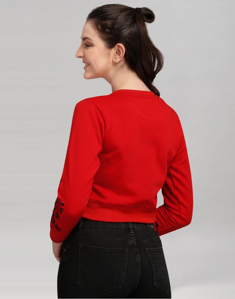 Red Coloured Cotton Fleece Blend Embroidered Sweatshirt | Sudathi