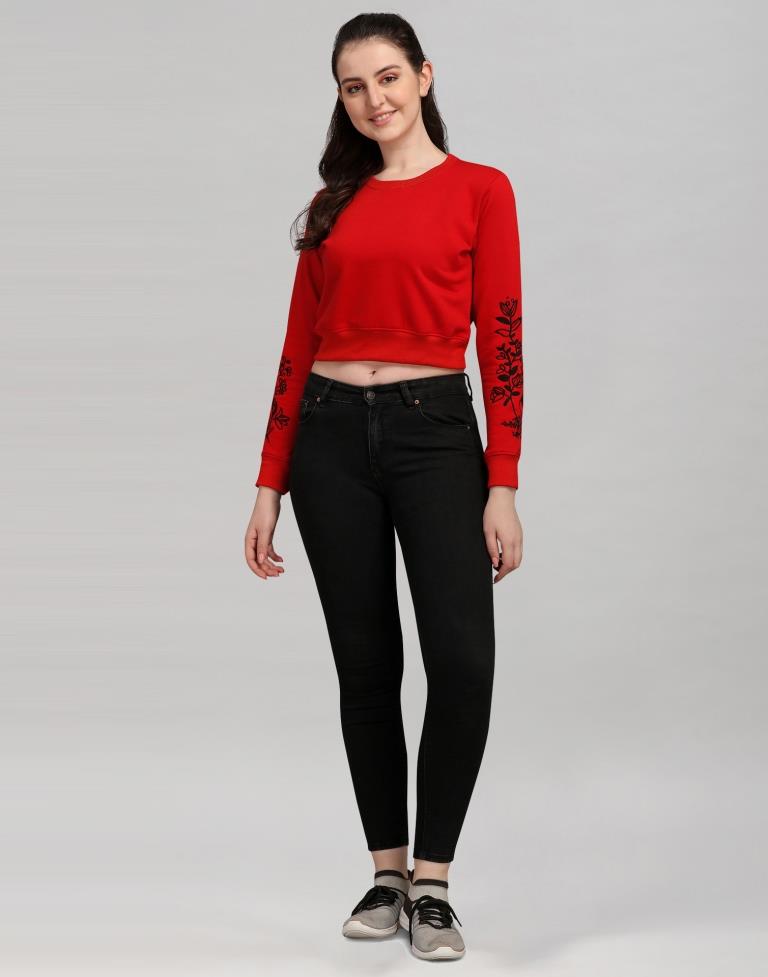 Red Coloured Cotton Fleece Blend Embroidered Sweatshirt | Sudathi