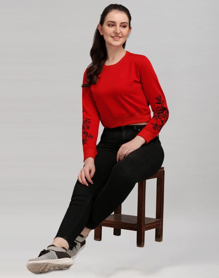 Red Coloured Cotton Fleece Blend Embroidered Sweatshirt | Sudathi