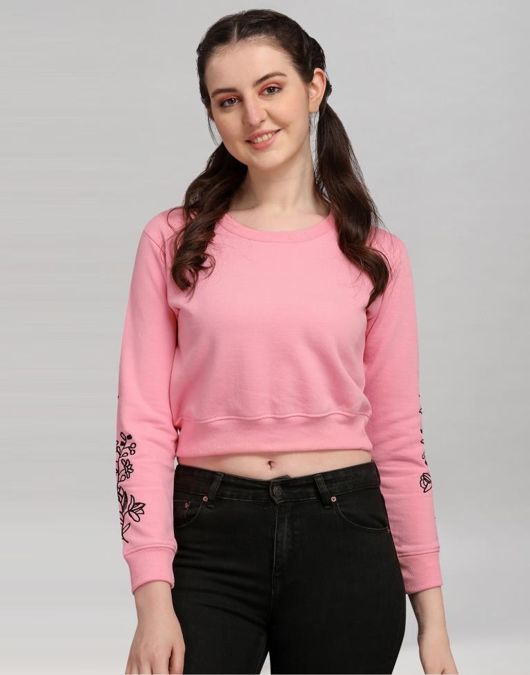 Light Pink Coloured Cotton Fleece Blend Embroidered Sweatshirt | Sudathi