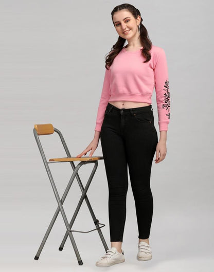 Light Pink Coloured Cotton Fleece Blend Embroidered Sweatshirt | Sudathi