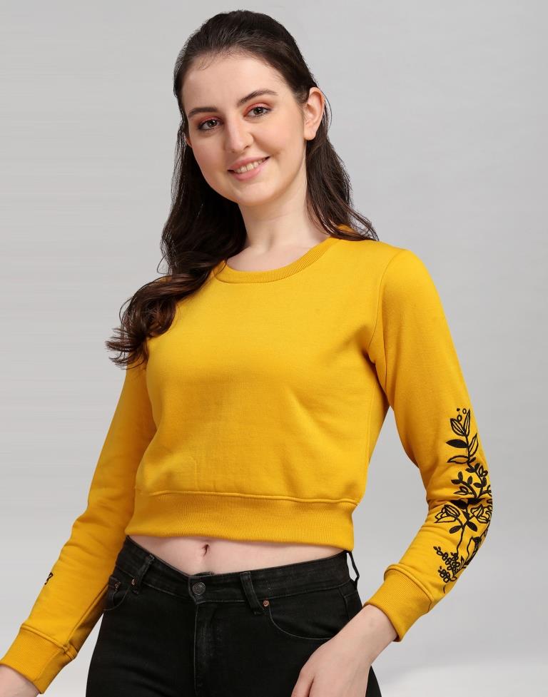 Turmeric Yellow Coloured Cotton Fleece Blend Embroidered Sweatshirt | Sudathi