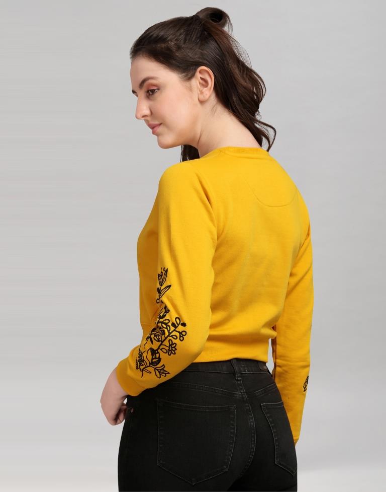 Turmeric Yellow Coloured Cotton Fleece Blend Embroidered Sweatshirt | Sudathi