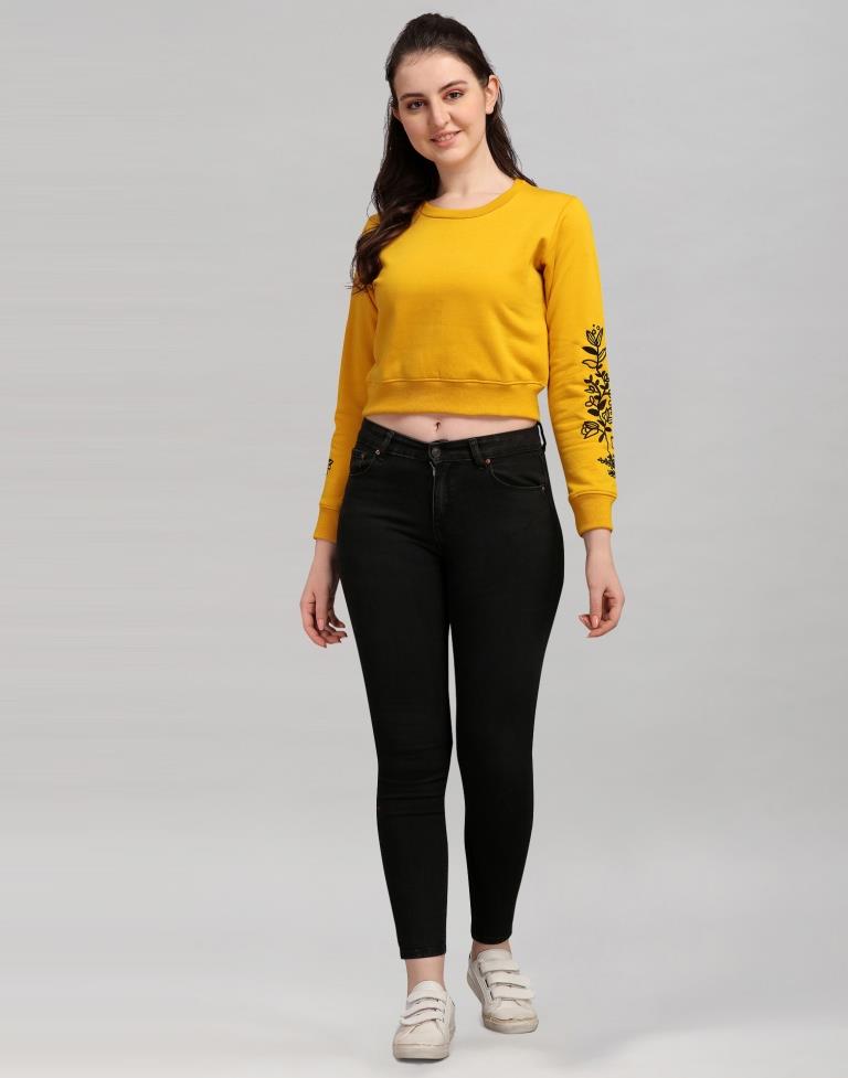 Turmeric Yellow Coloured Cotton Fleece Blend Embroidered Sweatshirt | Sudathi