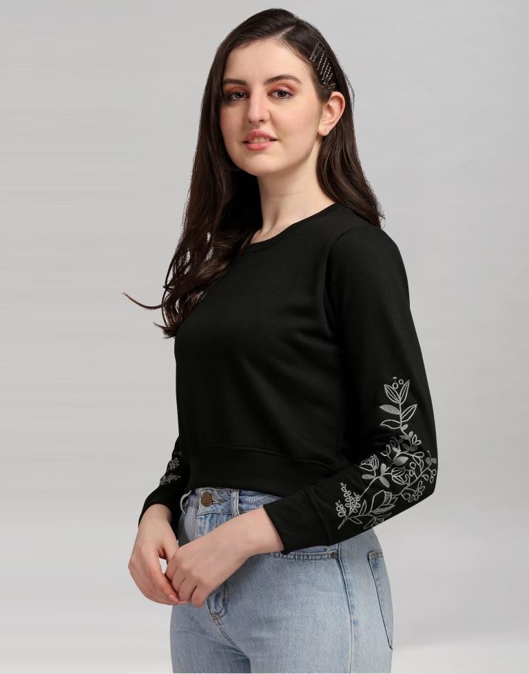 Black Coloured Cotton Fleece Blend Embroidered Sweatshirt | Leemboodi