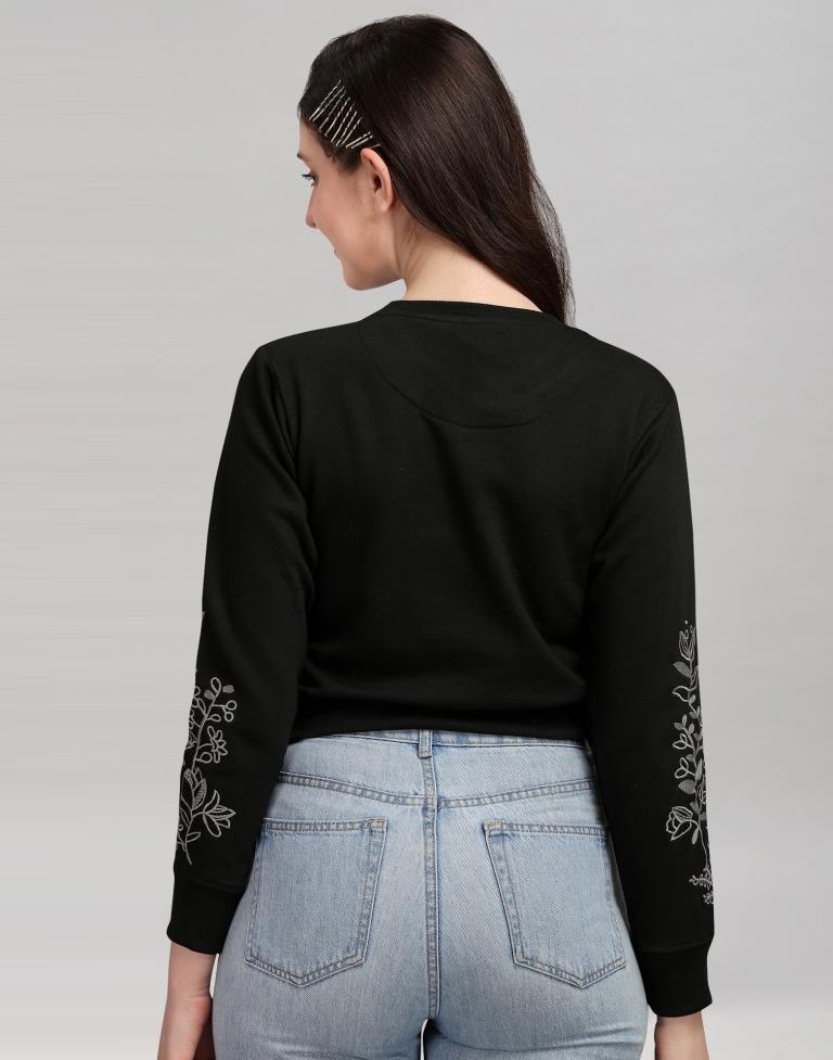 Black Coloured Cotton Fleece Blend Embroidered Sweatshirt | Leemboodi