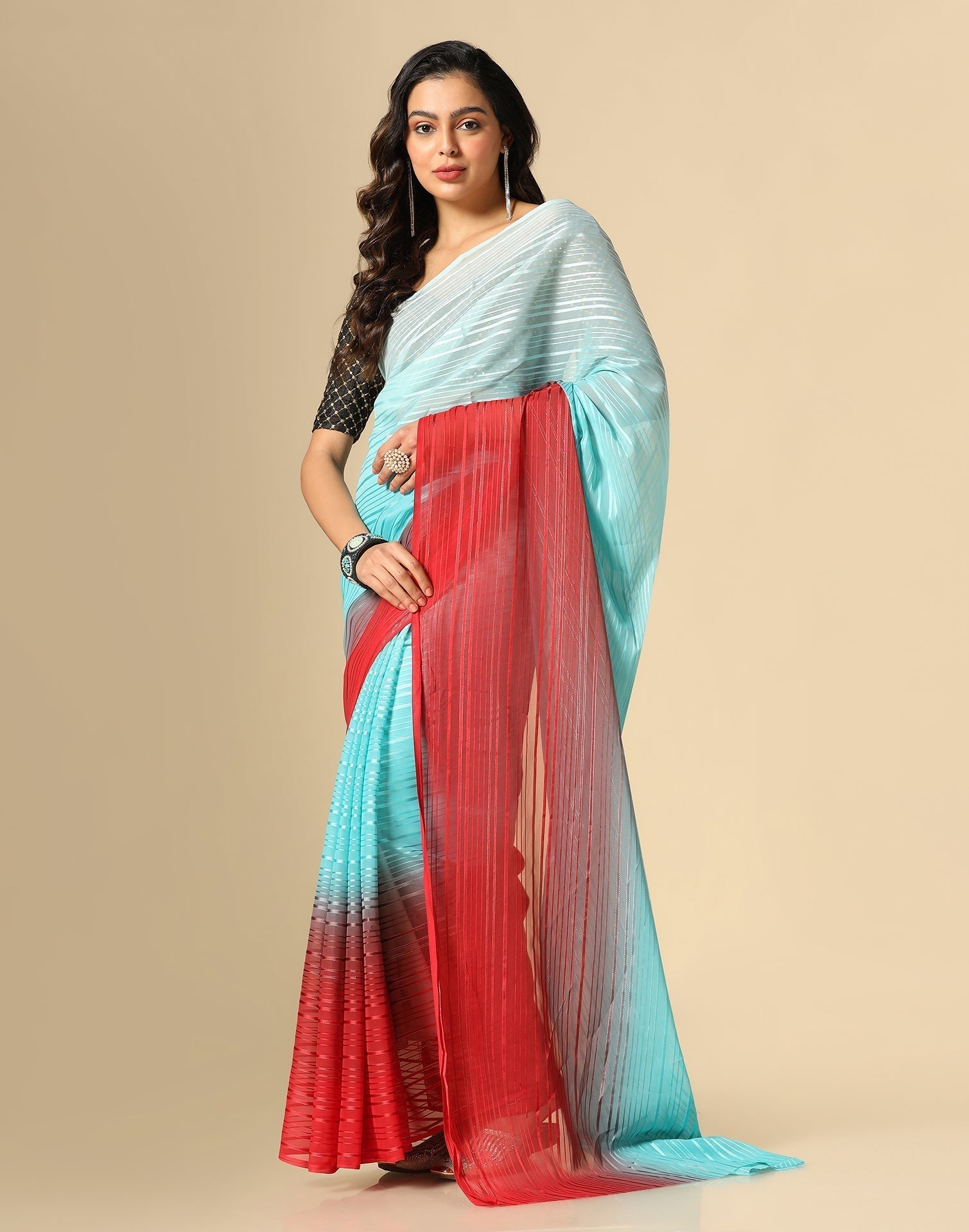 Light Blue And Maroon Georgette Jari Stripes Saree | Sudathi