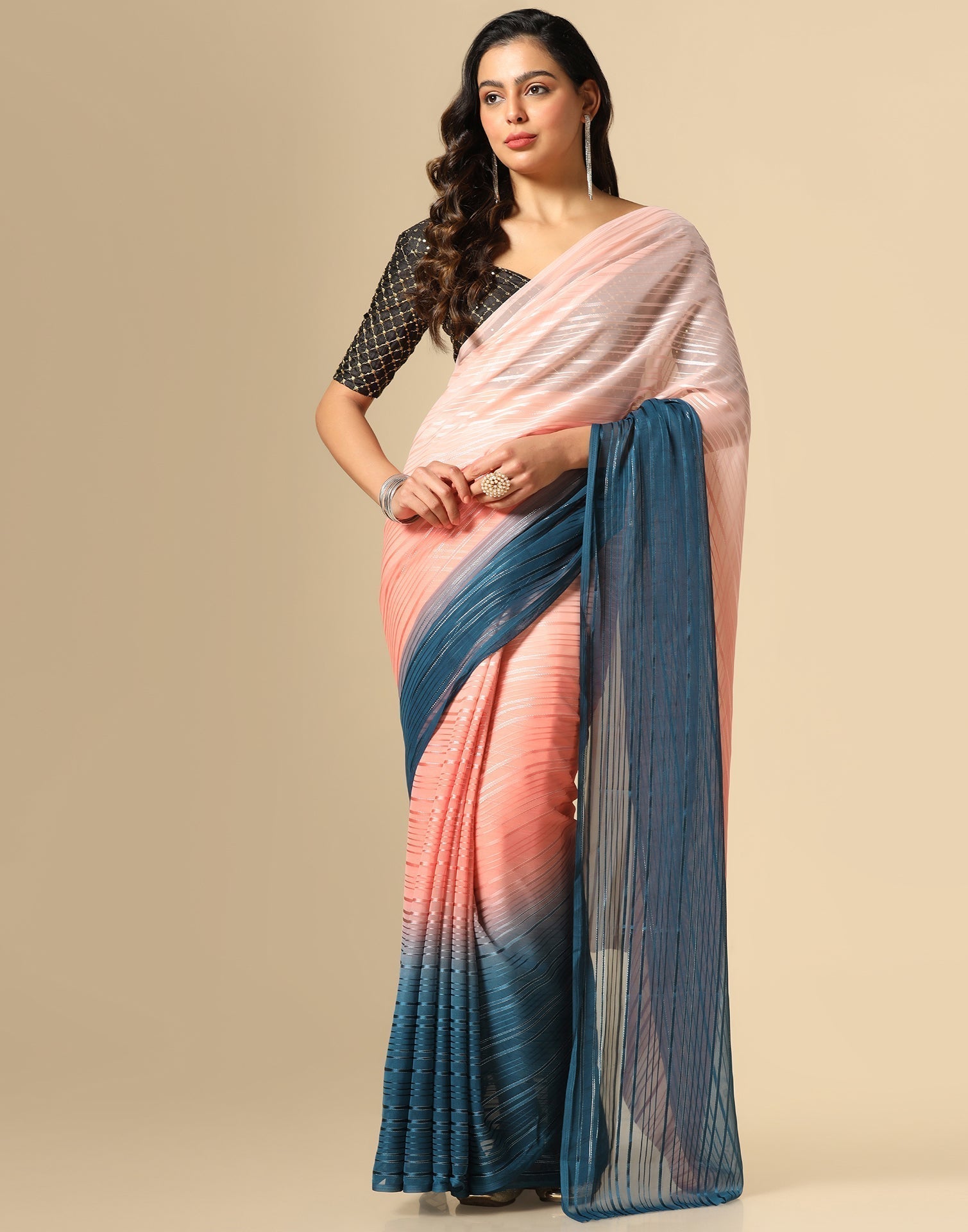Light Pink And Blue Georgette Jari Stripes Saree | Sudathi