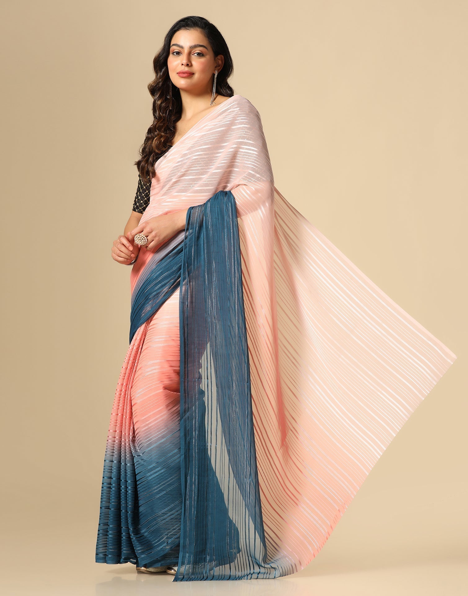 Light Pink And Blue Georgette Jari Stripes Saree | Sudathi