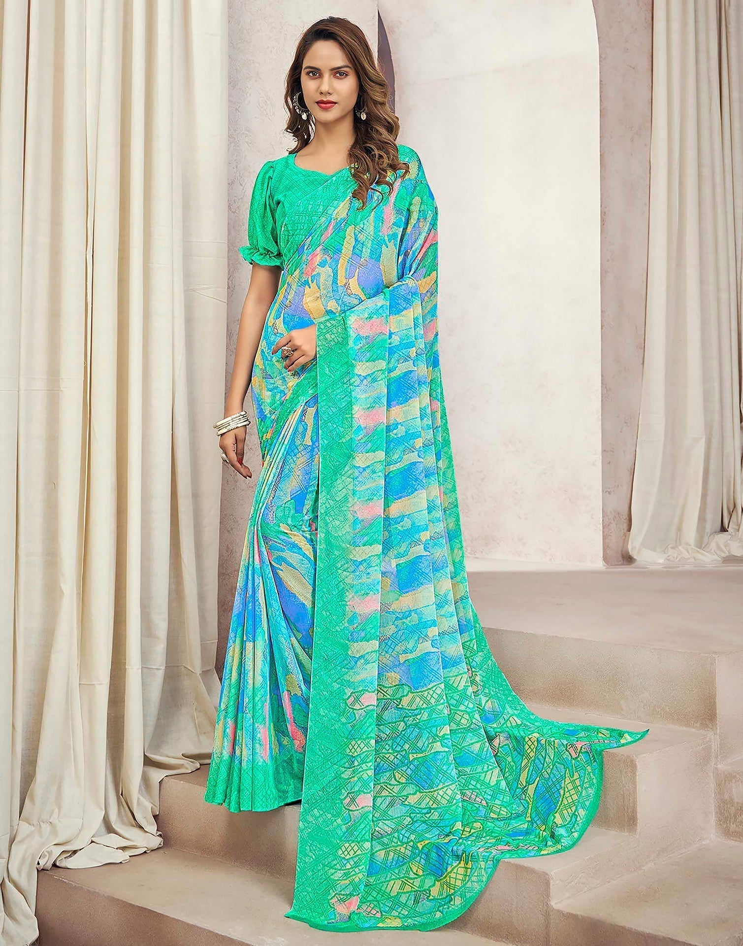 Multicoloured Chiffon Printed Saree | Leemboodi