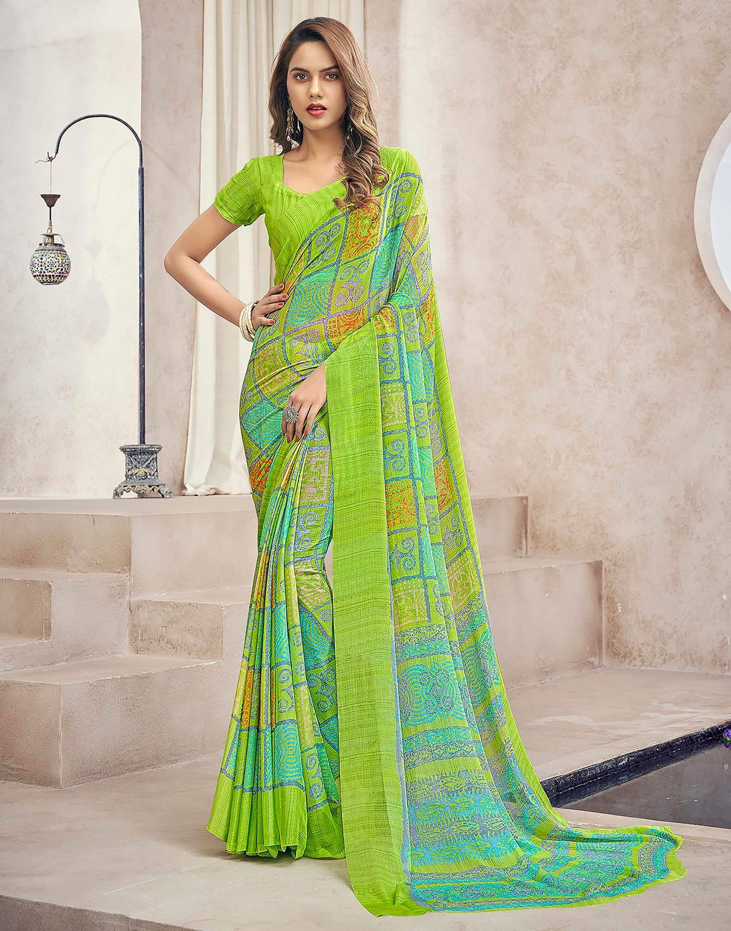 Light Green Chiffon Geometric Printed Saree | Sudathi