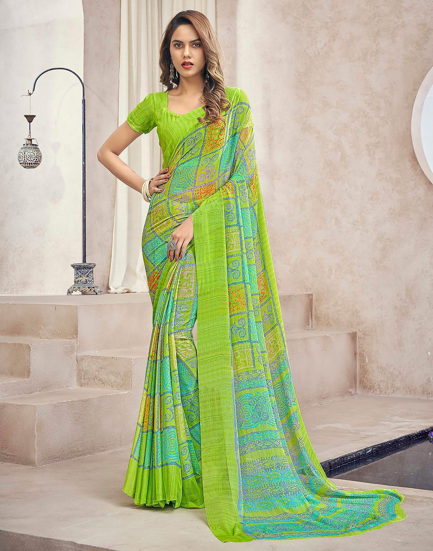 Light Green Chiffon Geometric Printed Saree | Sudathi