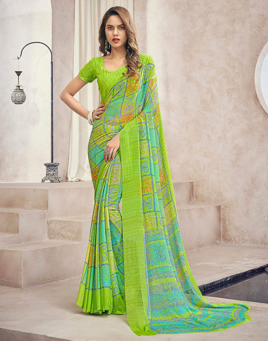 Light Green Chiffon Geometric Printed Saree | Sudathi