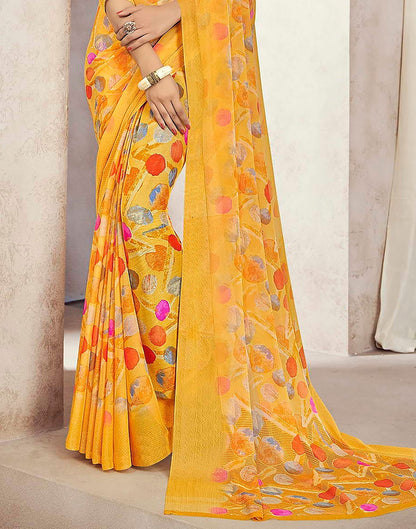 Yelllow Chiffon Geometric Printed Saree | Sudathi