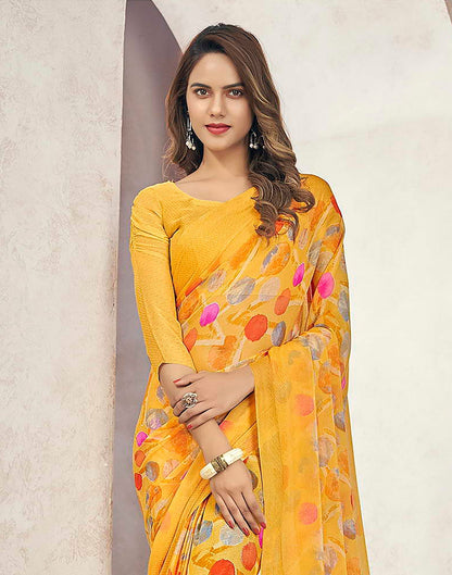 Yelllow Chiffon Geometric Printed Saree | Sudathi