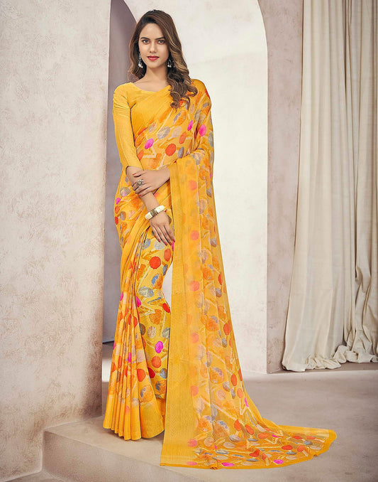 Yelllow Chiffon Geometric Printed Saree | Sudathi