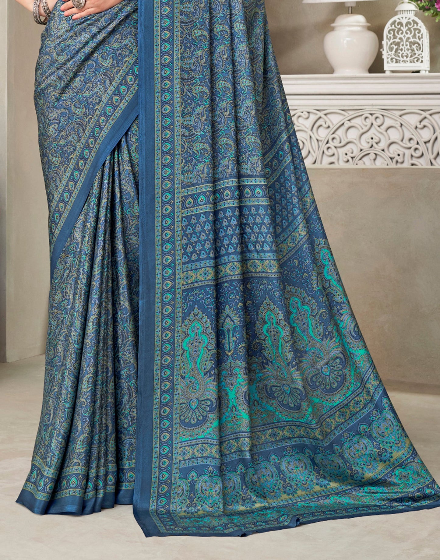 Navy Blue Silk Printed Saree