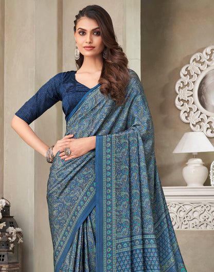Navy Blue Silk Printed Saree