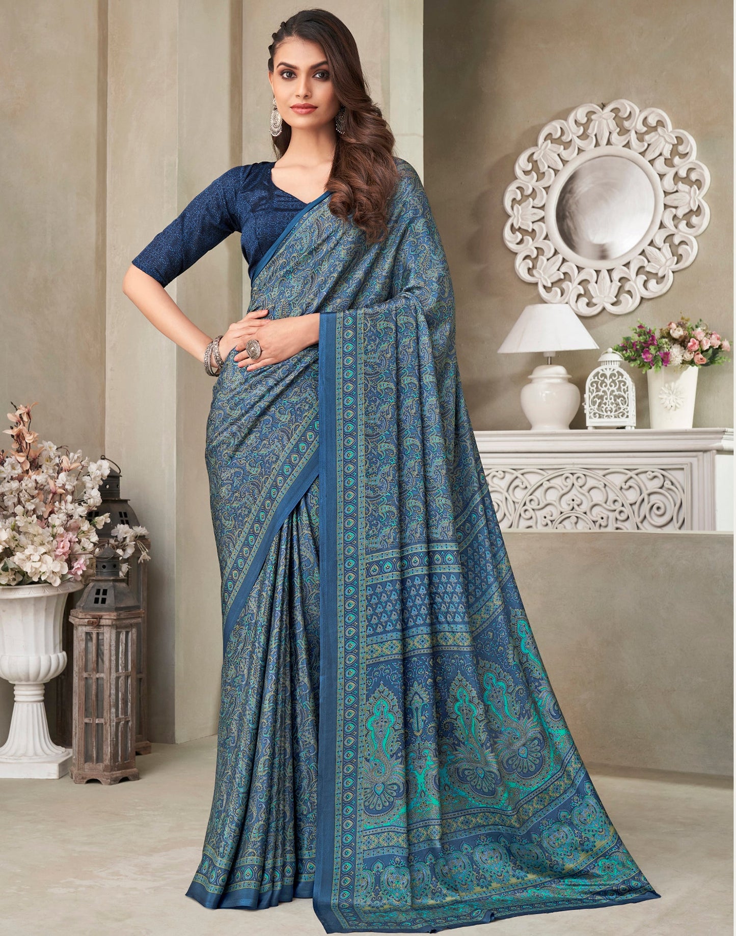 Navy Blue Silk Printed Saree