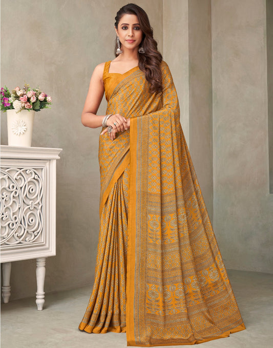 Mustard Yellow Silk Printed Saree