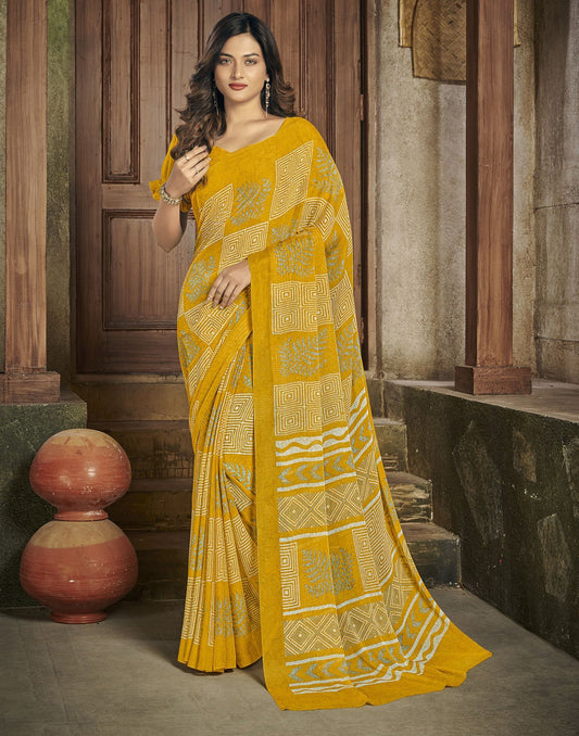 Yellow Chiffon Printed Saree | Leemboodi