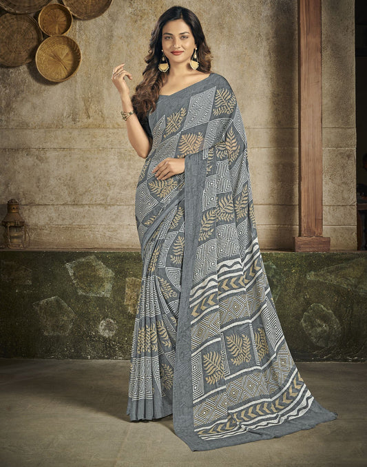 Grey Chiffon Printed Saree | Leemboodi