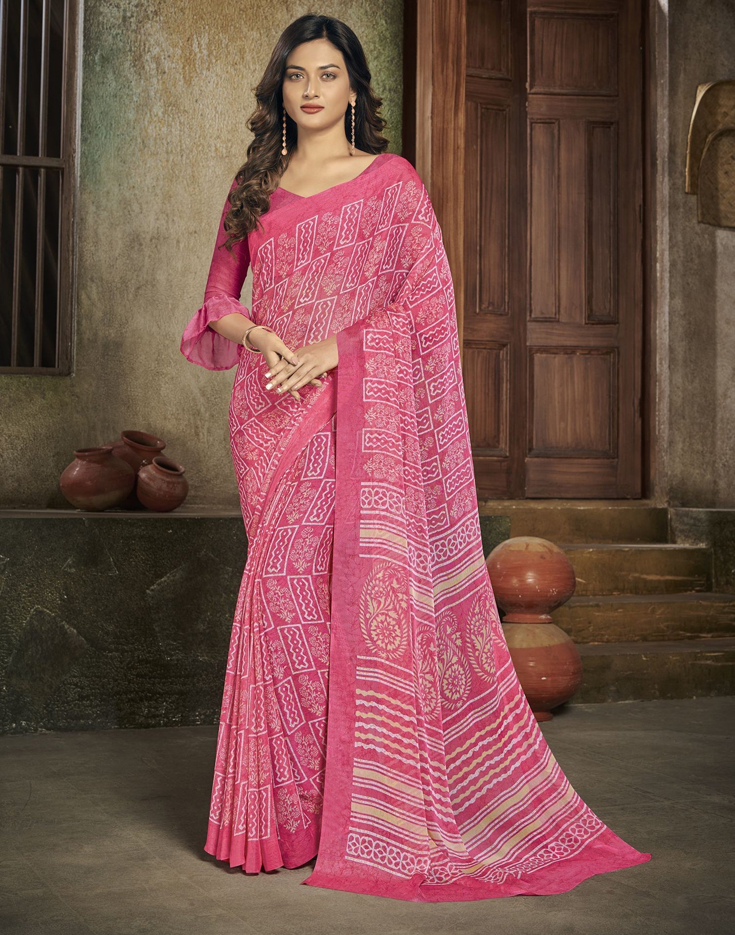 Light Pink Chiffon Printed Saree | Leemboodi