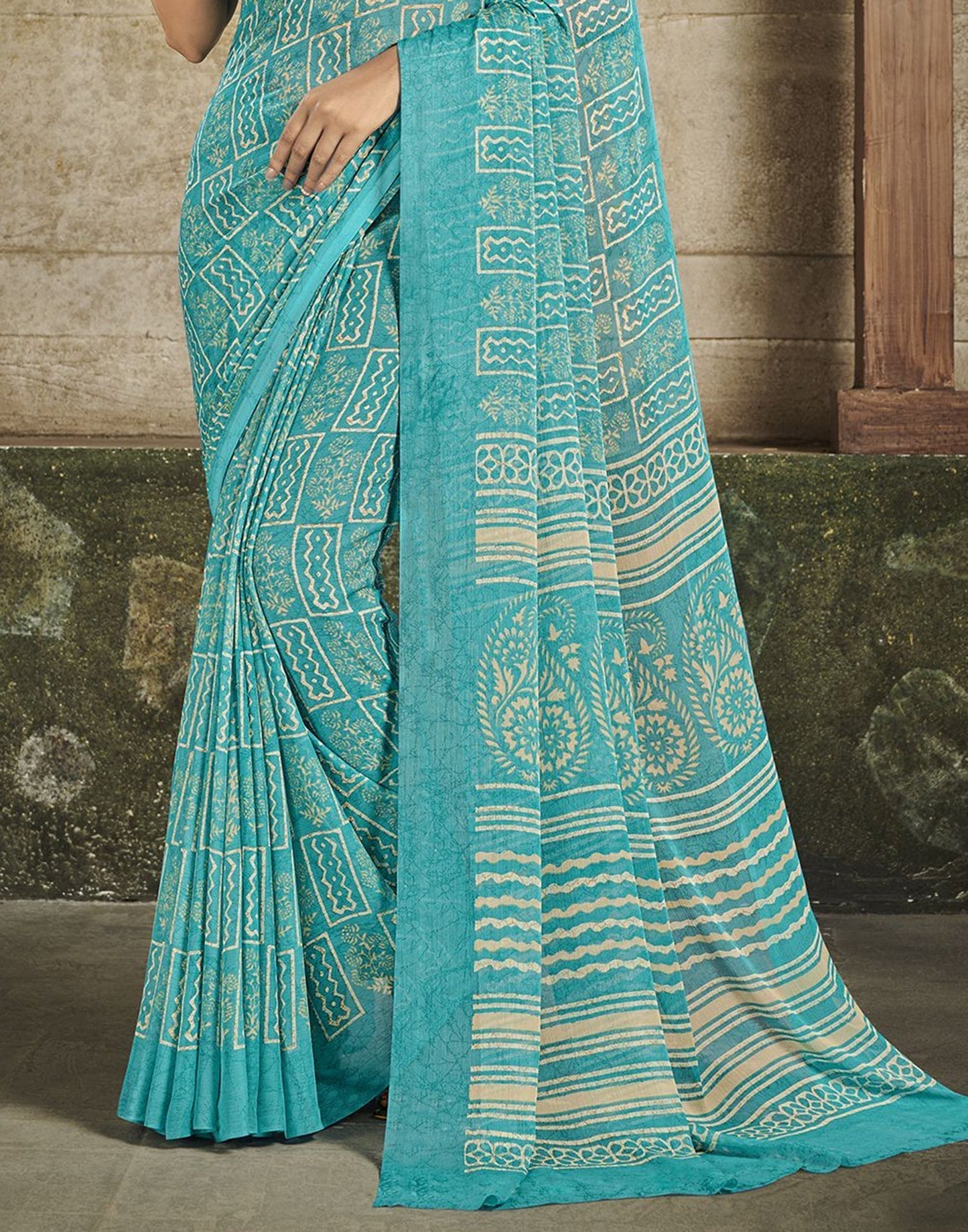 Sky Blue Chiffon Printed Saree | Leemboodi