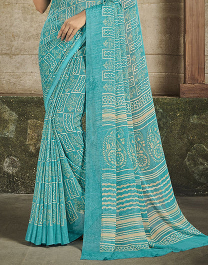 Sky Blue Chiffon Printed Saree | Leemboodi