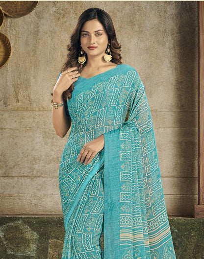Sky Blue Chiffon Printed Saree | Leemboodi