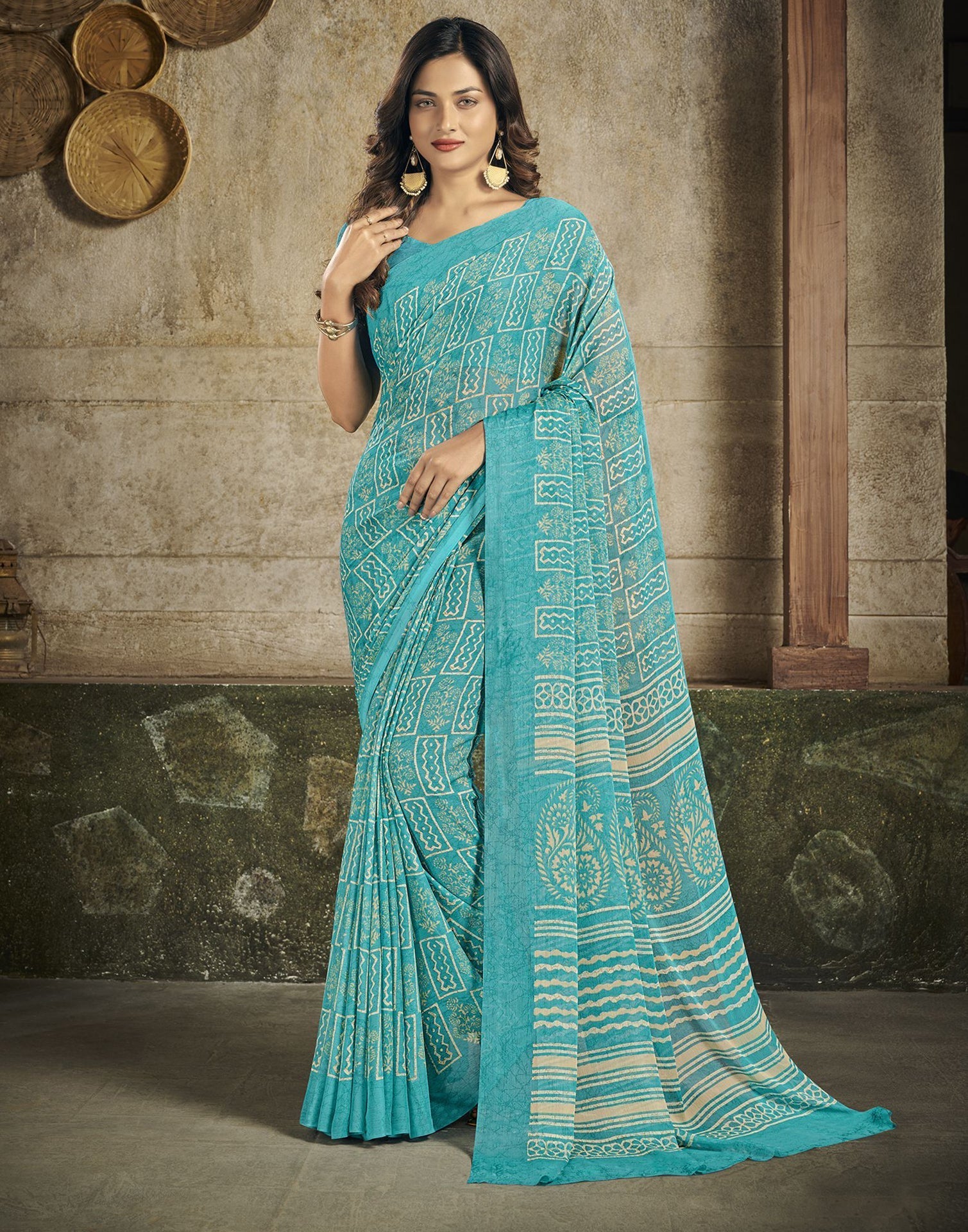 Sky Blue Chiffon Printed Saree | Leemboodi