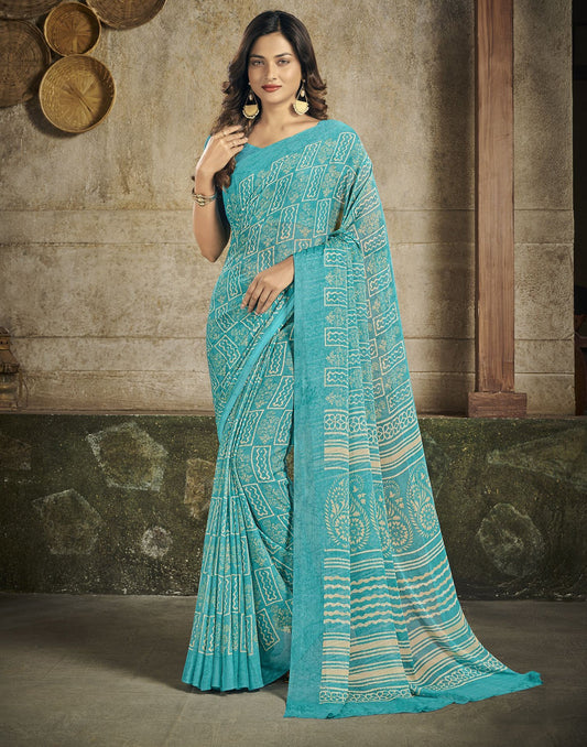 Sky Blue Chiffon Printed Saree | Leemboodi
