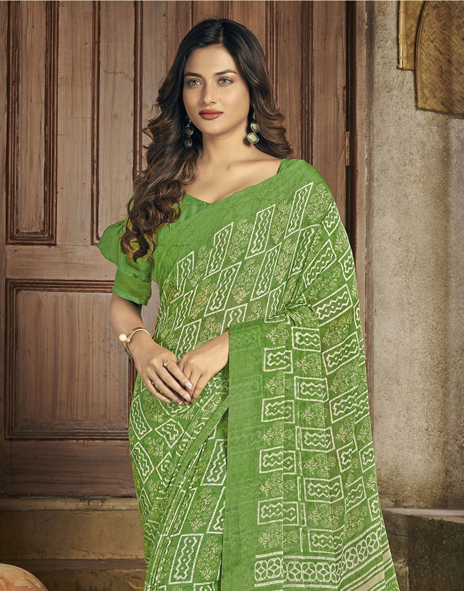 Green Chiffon Printed Saree | Leemboodi