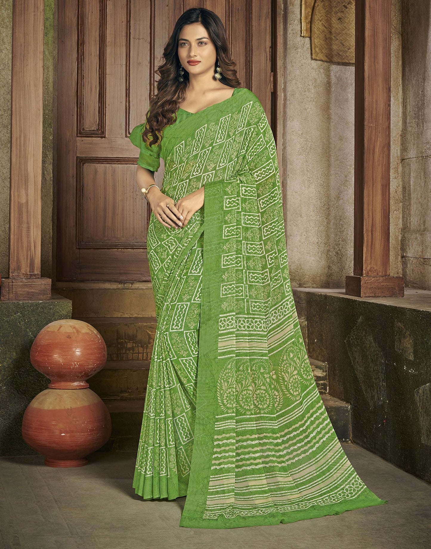 Green Chiffon Printed Saree | Leemboodi