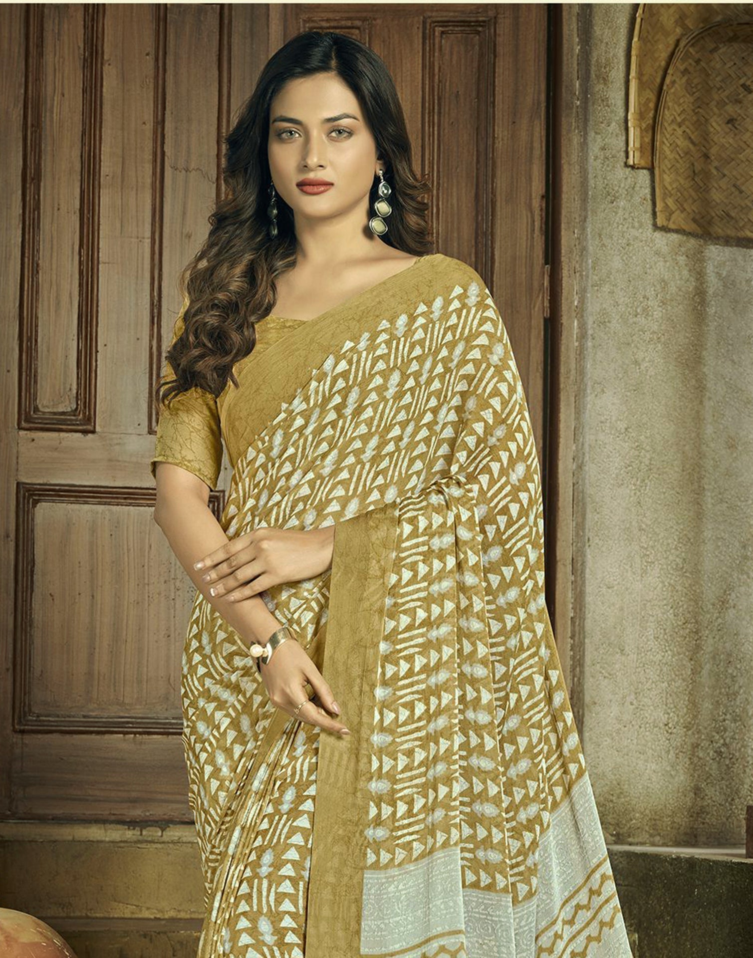 Olive Green Chiffon Printed Saree | Leemboodi
