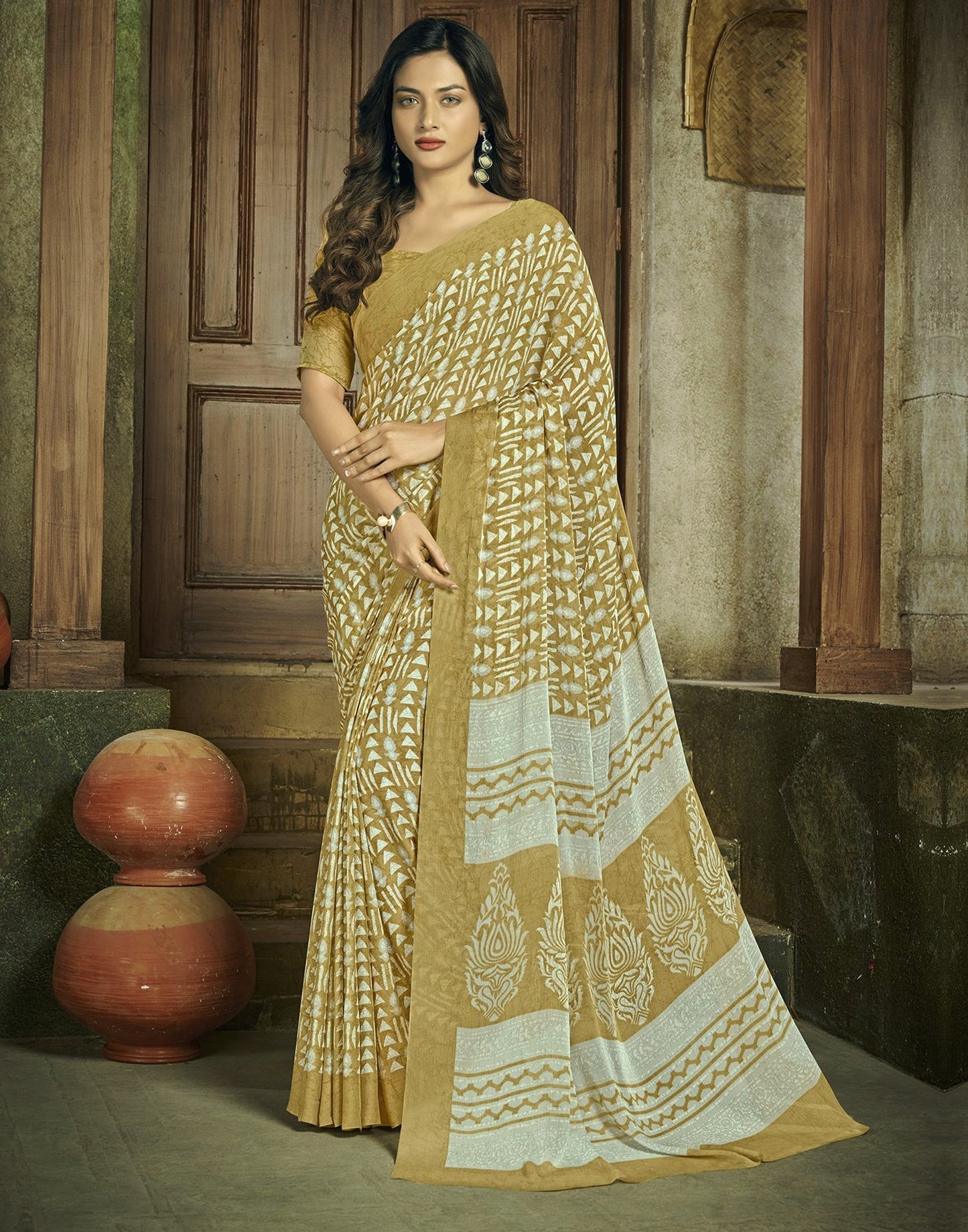 Olive Green Chiffon Printed Saree | Leemboodi