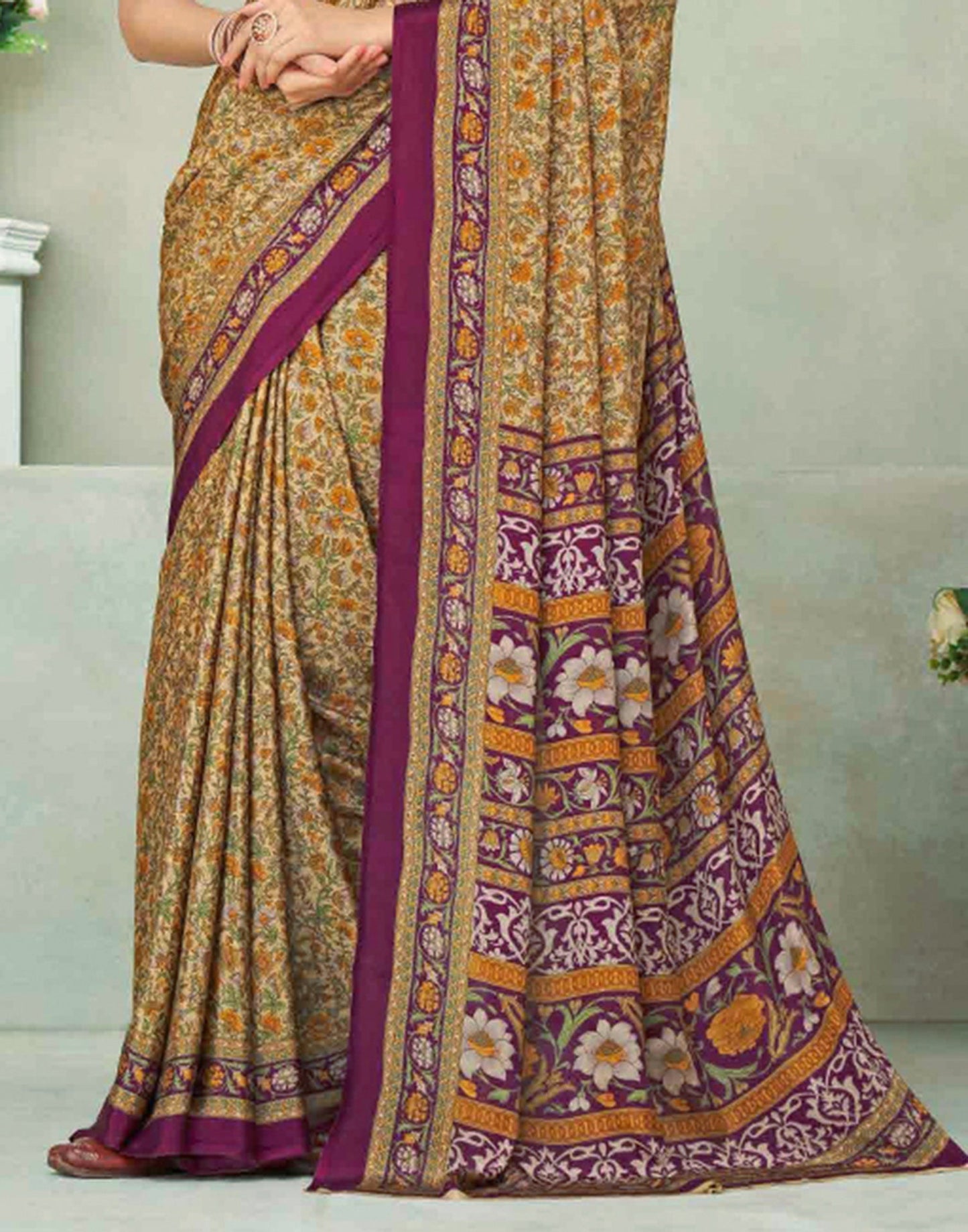 Beige Silk Printed Saree | Sudathi