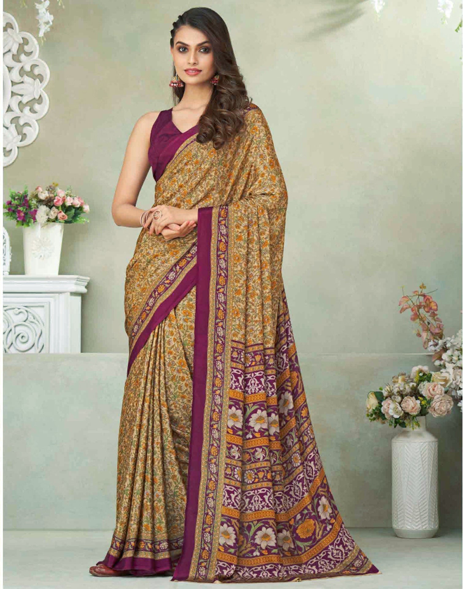 Beige Silk Printed Saree | Sudathi