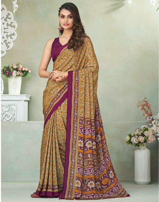 Beige Silk Printed Saree | Sudathi
