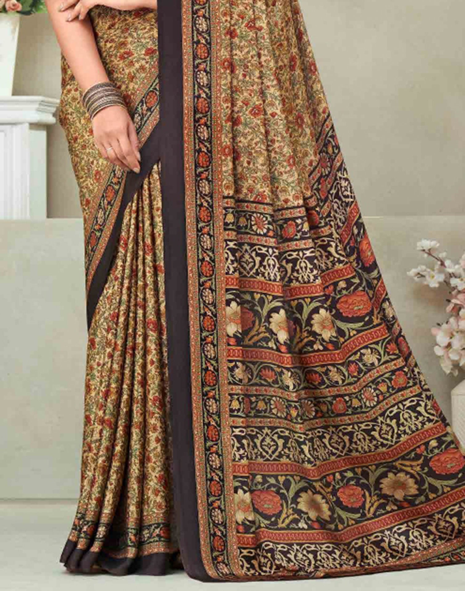 Beige Silk Printed Saree | Sudathi