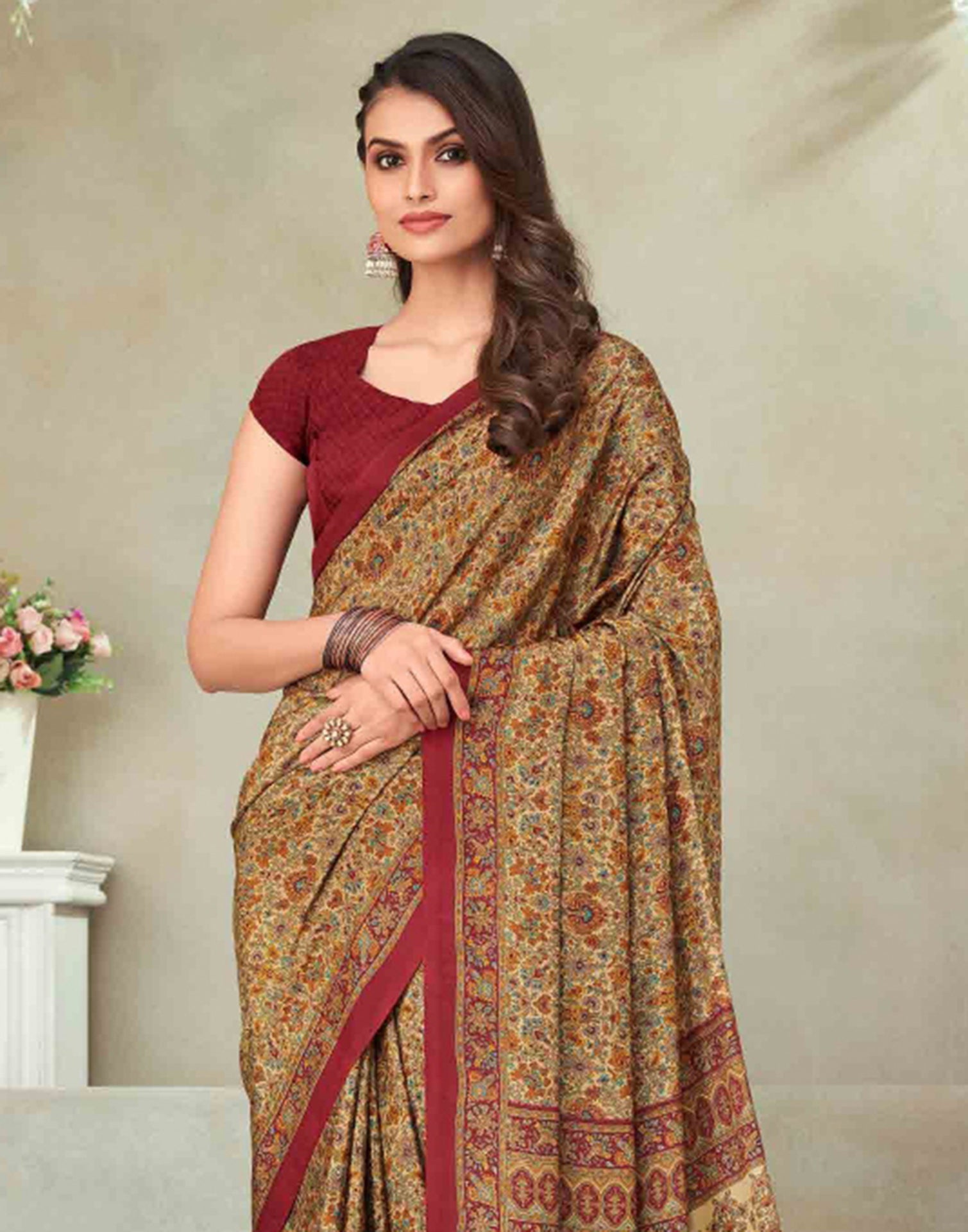Beige Silk Printed Saree | Sudathi