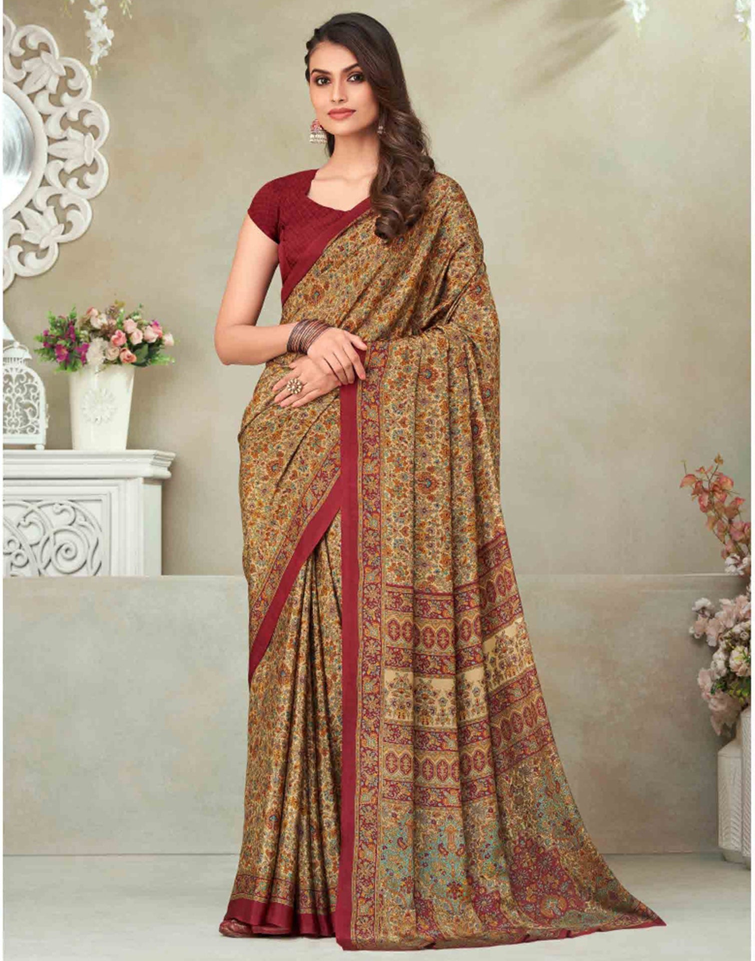 Beige Silk Printed Saree | Sudathi