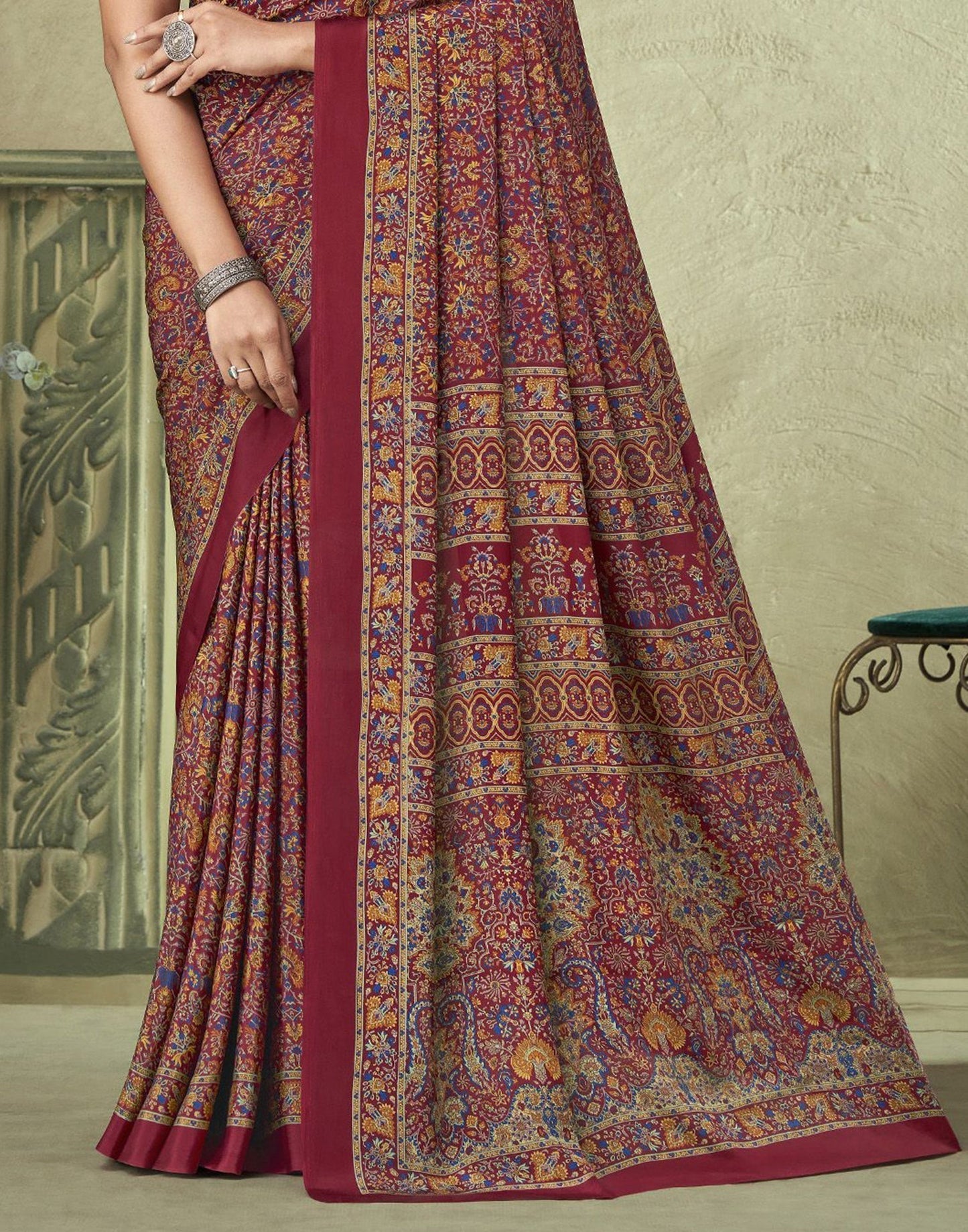 Maroon Silk Floral Printed Saree | Leemboodi
